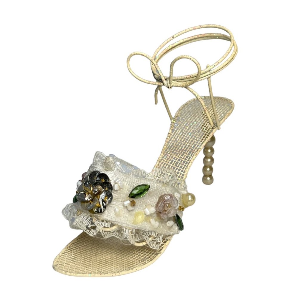 Vintage Victorian Shoe Ornament Pearl Beaded Heel Sequins Gem Lace Glitter Wire